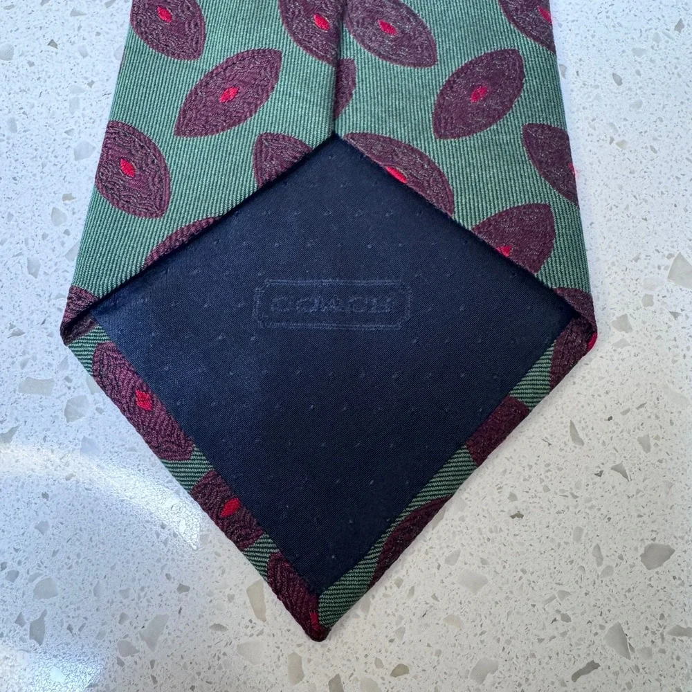 Y2K Coach Mens Silk Tie Green Burgundy Geometric Medallion Handmade in Italy